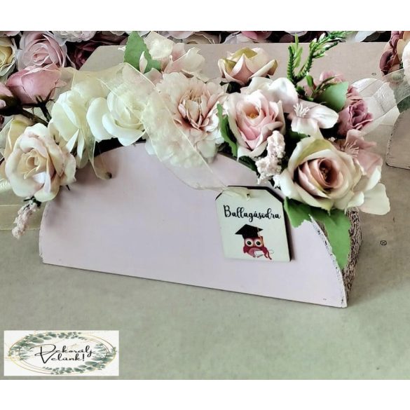Virágok retikülben rózsaszín fa dobozban névnap születésnap ballagás anyák napja nőnap ridikül táska