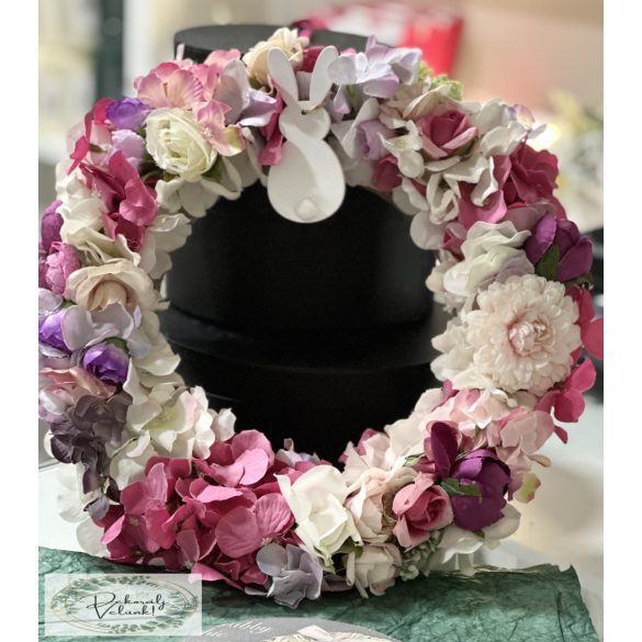 Kopogtató hortenzia  30 cm ajtódísz pompomos nyuszival rózsaszín 