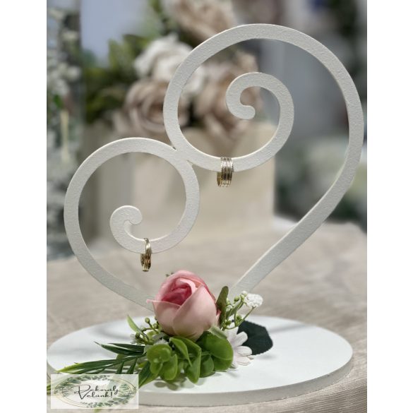 Gyűrűtartó szív fehér  22 cm rózsaszín fehér zöld díszítéssel