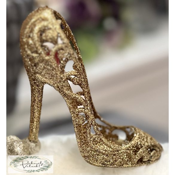 Dísz cipő magassarkú tűsarkú arany glitteres műanyag névnap anyák napja születésnap