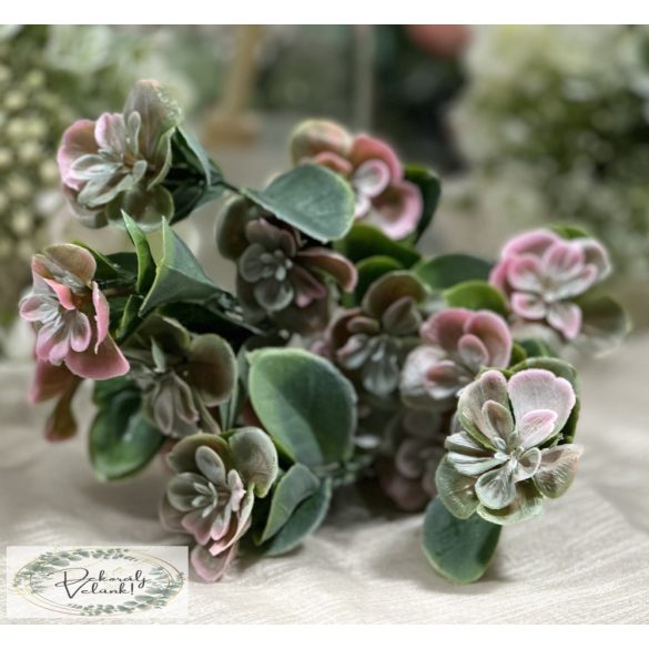 Zöld csokor pasztell rózsaszín virágokkal 34 cm 5 ágú